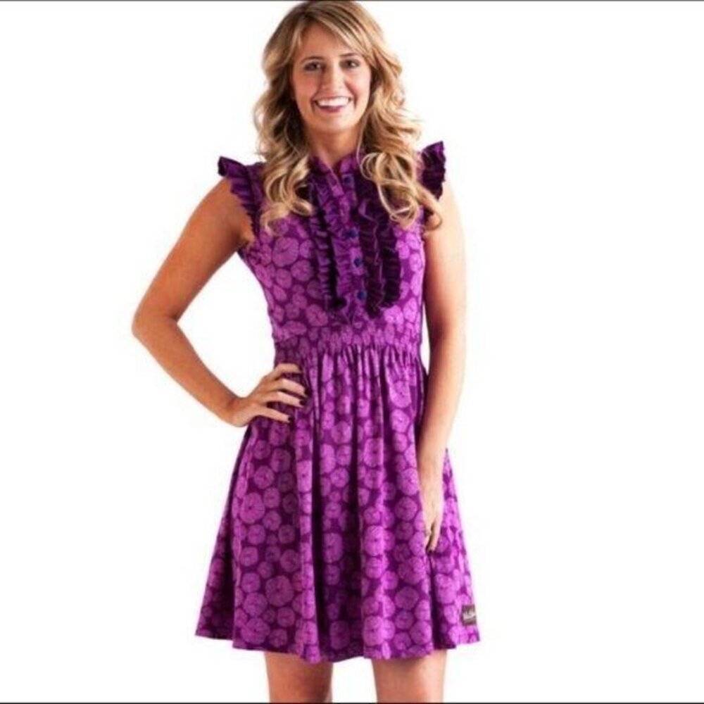 Matilda Jane Dress XS Mini Magnolia Purple Short Sleeve Ruffle Floral Henley - Picture 2 of 7